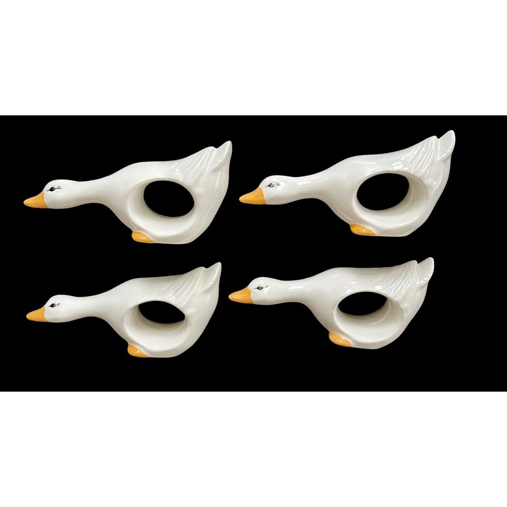 Set Of 4 Vintage Ceramic Geese/ Duck/ Swan White‎ Napkin Rings 4.5"
